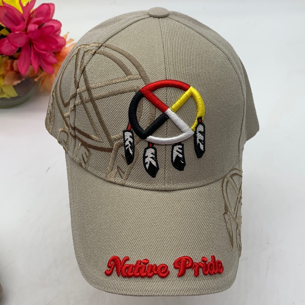 Native Pride Tan Red White Dreamcatcher Pattern Baseball Hat Adjustable HT3963B